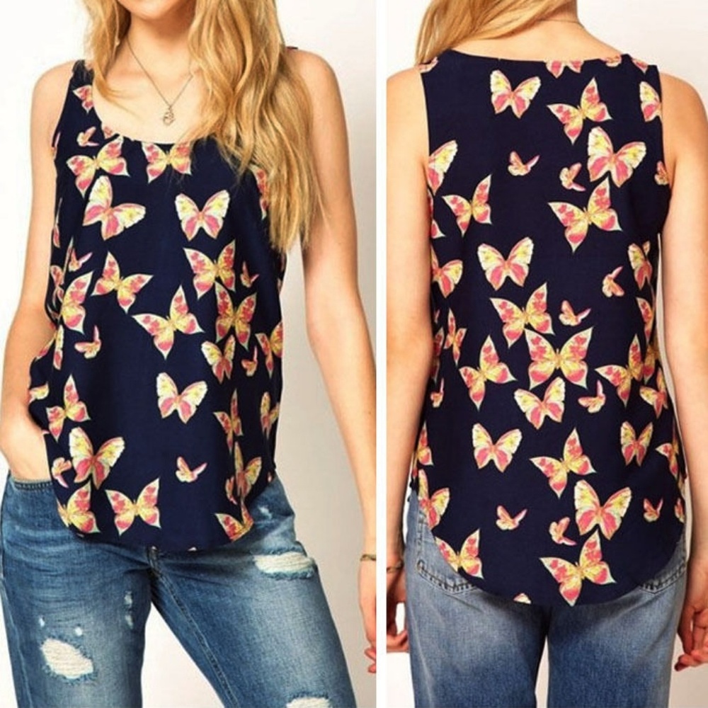 Blue Butterfly Sleeveless Blouse Tank Top